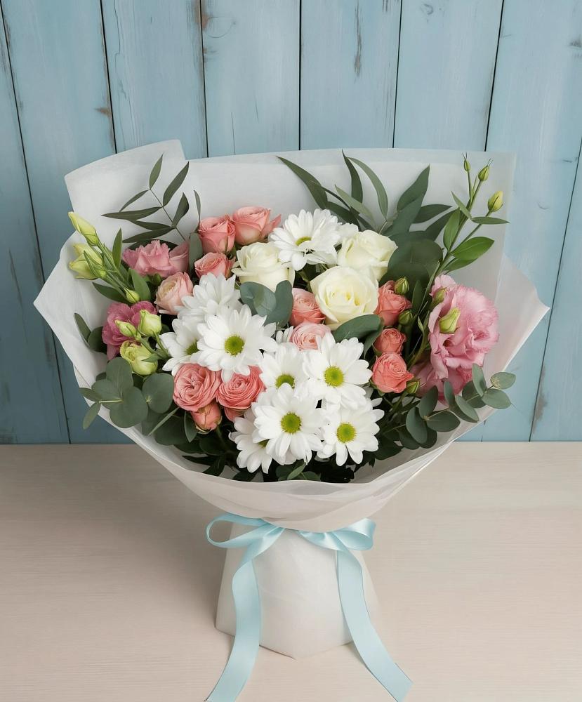 Букет цветов из: Розы, Лизиантусы и Хризантемы в Дубовом
