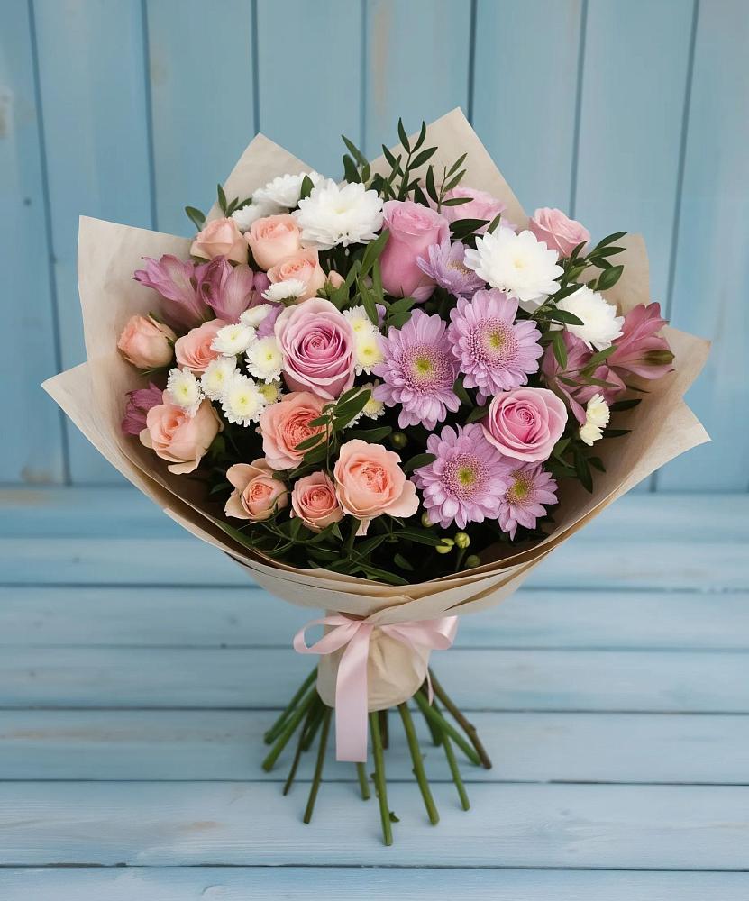 Букет цветов из: Хризантемы, Розы и Альстромерии в Дубовом