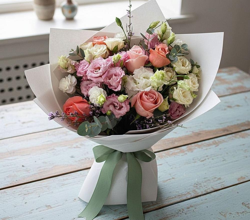 Букет цветов из: Розы, Лизиантусы и Гвоздики в Дубовом