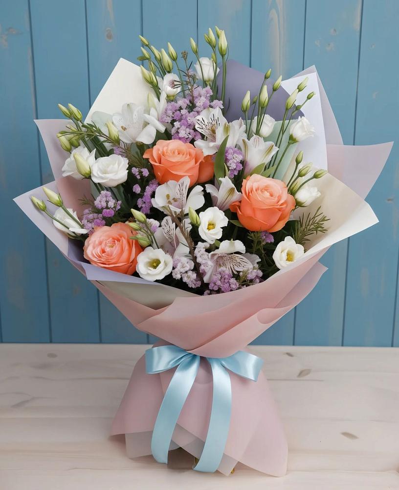 Букет цветов из: Лизиантусы, Розы, Альстромерии и Гипсофила в Дубовом