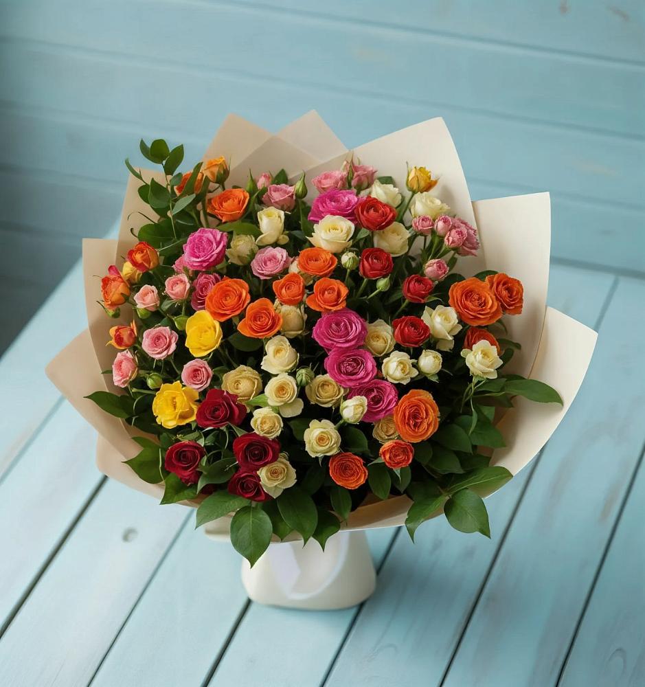 Букет Микс из разноцветных кустовых роз в Дубовом