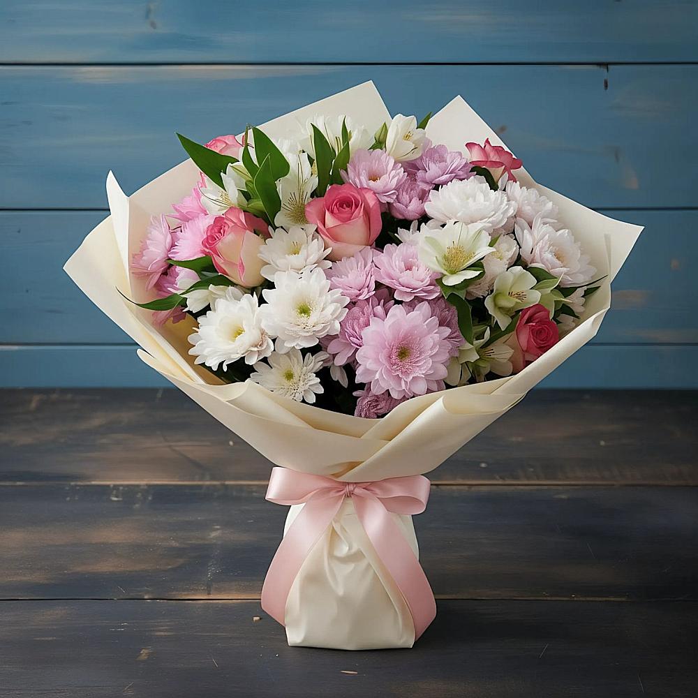 Букет цветов из: Хризантемы, Альстромерии и Розы в Дубовом